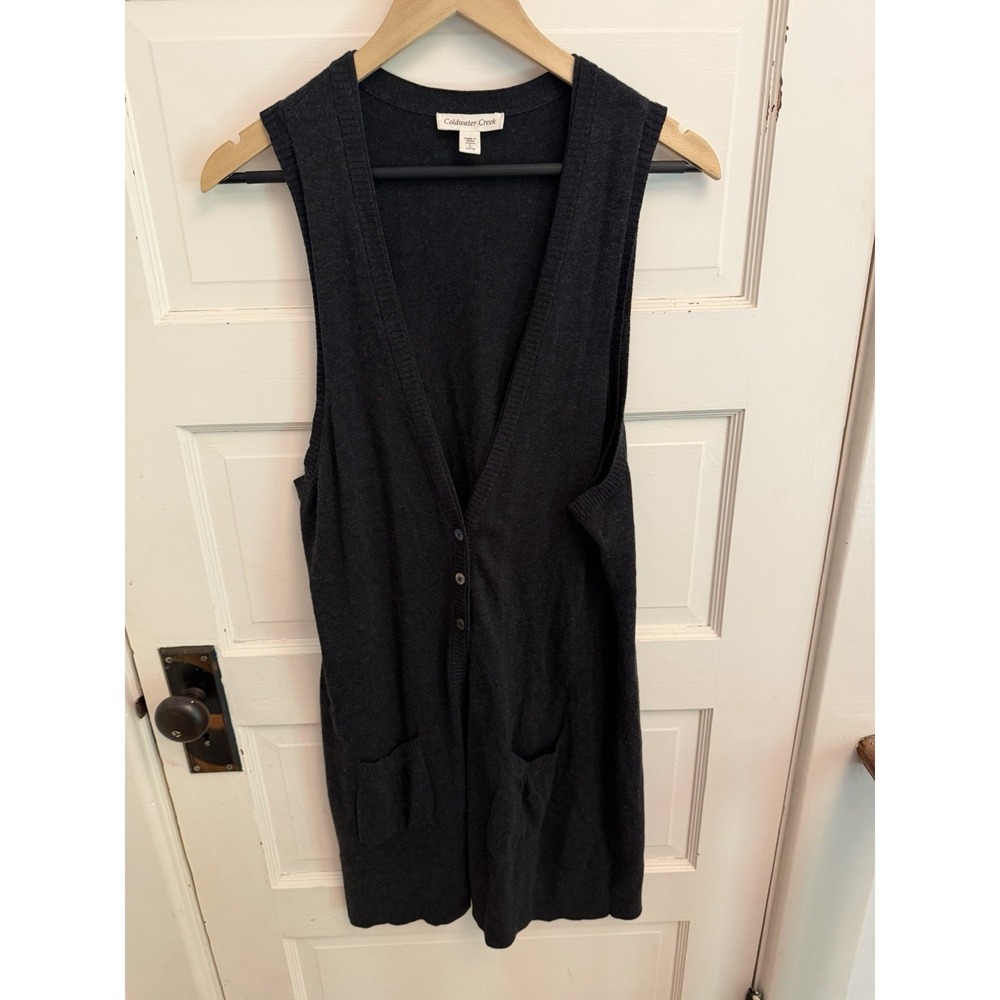 Coldwater Creek Women's Gray Long Vest Button Front Pockets Size Large (14-16)